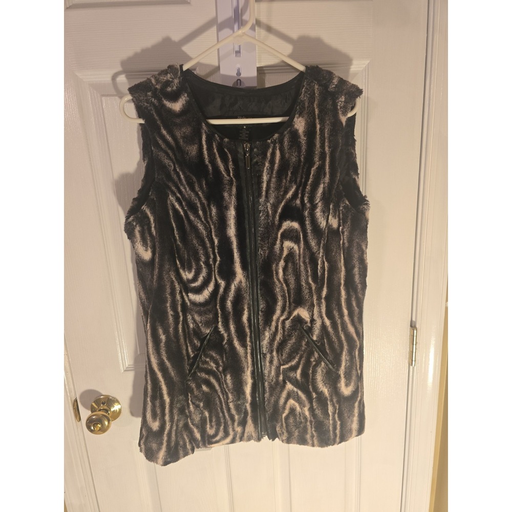 Style & Company Womens Faux Fur Vest Black Grey Size Medium Sleeveless Warm